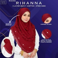 Tudung Sarung Instant Rihana Heavy Chiffon 3 Layer Bersulam Awning Scuba Ada Batu Free Size Fit To L
