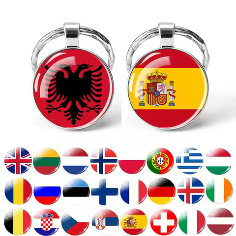 Europe National Flag Keychain Albania Spain Italy France UK Flag Glass Metal Key Chain Bag Pendant G