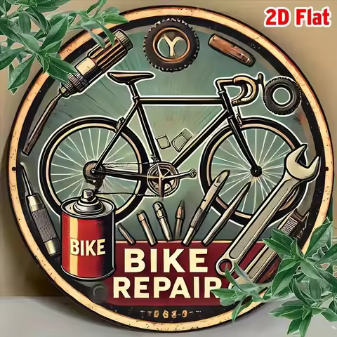 2D Flat, 2D Flat Round 1pc - Vintage Bicycle Repair 8" Aluminum Sign - Wall Decor with Tools & Parts