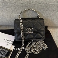 【98%新 ✨ 全網最低價】 32開 Chanel woc風琴包 22S琺瑯手柄 黑銀 荔枝皮 公文小廢包