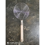 Long wood handle Stainless steel oil strainer. W26cm xL59cm and W22cm xL50cm.