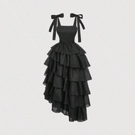 Black Bow Layered Tulle Slip Dress, Wedding Dress, Holidays Dress, Vacation Dress, Hippie Style, Cas