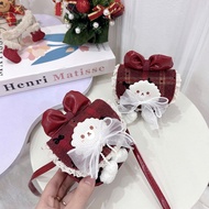 Vintage Red Bow Girls Crossbody Bag – Cute Bear Bag in Velvet Fabric with Ribbon Lace – Mini Outing 