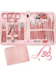 30入組粉色不銹鋼指甲刀套裝，配有舒適的皮革盒修甲刀套裝，剪刀，美妝工具