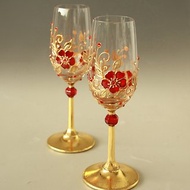 Shot Aperitif Crystal glasses Gold Red Flowers Hand-painted