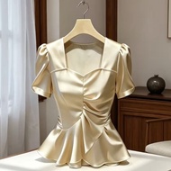 JY Ethnic Filipiniana Blouse Asean Inspired Attire For Women Summer Solid Color Square Neck Puff Sle