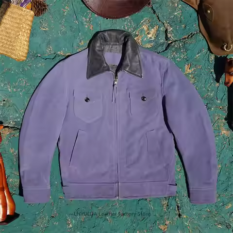 Men Purple Suede Cowhide Genuine Leather Jacket Mendoza Moon Pocket Lapel Fashion Biker Coat