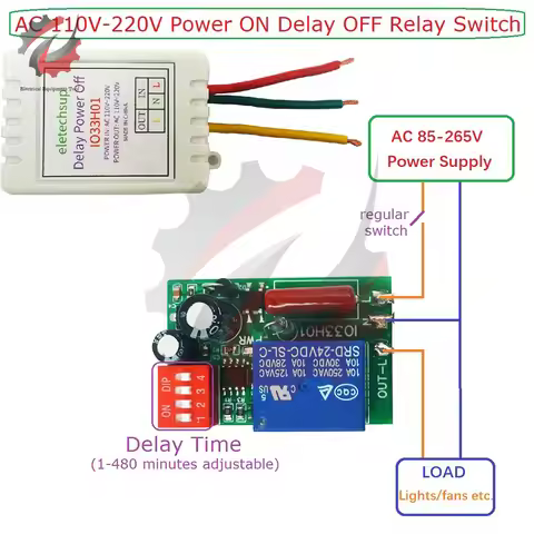 AC 110V 220V Power-ON Delay OFF Relay Switch AC 220V 7A Voltage Output 1-480Min Timer Adjustable Dis