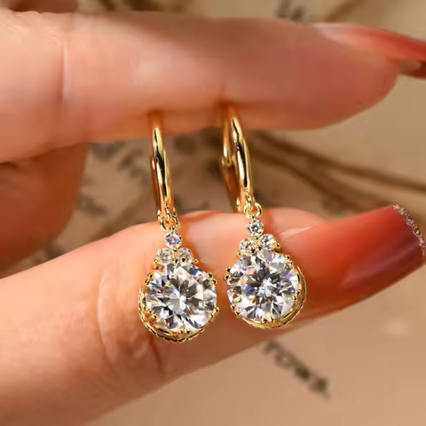 Sweetrain 1CT 2CT Moissanite Drop Earrings For Women Sparkling Lab Diamond 18K Gold Plated 925 Sterl