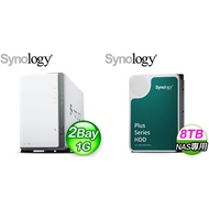 ☆促銷組合★ Synology DiskStation DS223j 2Bay NAS網路儲存伺服器+Synology HAT3300 PLUS 8TB 3.5吋 5400轉 256MB NAS硬碟(X2)