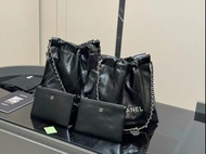 ✨C H A N E L 22bag 銀標logo菱格紋亮面小牛皮 斜跨單肩包 女款 黑色