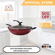 34cm Non Stick Pan Red Wok With Lid Cover Composite Coating Induction Iron