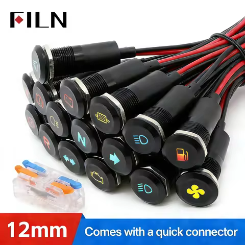 FILN 12mm Symbol LED Indicator Light 12V 24V Black Metal Indicator Dash Pilot Light with Wire Car Da