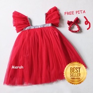 Dress Merah Anak 1 Tahun Terlaris Elegant 2023 GRATIS PITA Baju Merah Putih Gaun Red Baby Merah Cabe