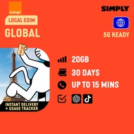 SIMPLY [eSIM] Orange-World | UK/Europe | 30 Days | Up to 20GB Local eSIM | No Registration Required