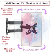 Wall Bracket Full Motion Rotary Putar 360 Vertikal Horizontal Cp102 For Monitor Pc Tv Led 13-32 Inch