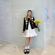 gan* Embroidered Round Neck Knitted Stretch Argyle Thin Sweater Cardigan Coat