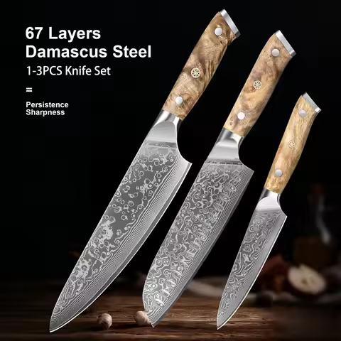 1-3PCS Kitchen Chef Knife Santoku Utility Knife Damascus Steel 67 Layers Natural Burl wood Handle Ja