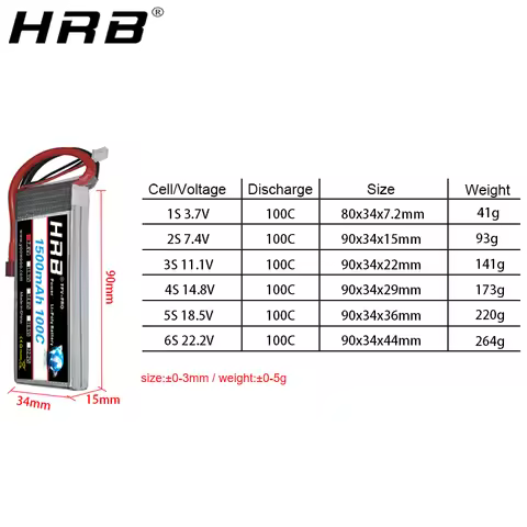 HRB lipo Battery1500mah Lipo 2S 3S 4S 6S 5S 7.4V 11.1V 14.8V 22.2V 18.5V Lipo 65C 100C XT60 T for RC