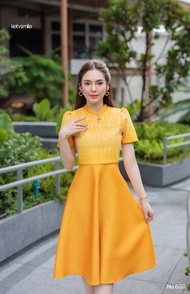 ชุดเดรสผ้าทอลาย คอจีน กระโปรงบานทรงย้วย 8 ชิ้น พร้อมส่ง S-3Xl !! N689