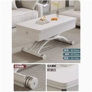 全城熱賣 - 升降茶几餐桌組合,餐桌茶几電腦桌化妝桌多用途升降摺疊可移動免安裝(岩板啞光+奶油白+松木板+2抽屉)90x45cm#H099025207