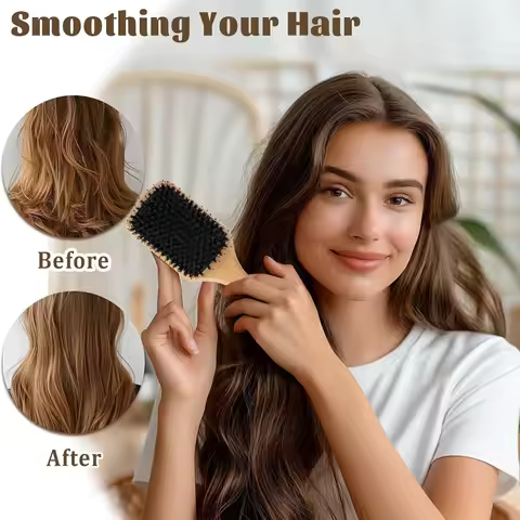 Wooden paddle hairbrush with bristles and smoothing brush, reduces frizz, restores shine, and promot
