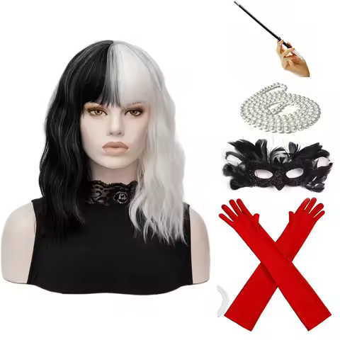 CRUELLA Deville De Vil Black White With Bangs Short Bob Ladies Heat-Resistant Synthetic Wig Cosplay 