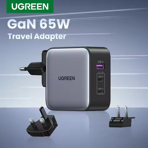 UGREEN GaN 65W Travel Adapter All-in-one Travel Charger with 1 USB Ports and 2 Type C Wall Charger f