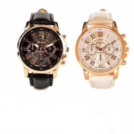 Geneva Roman Numerals Faux Leather Wrist Watch Set of 2 (Black &amp; White)