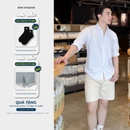 Five pocket BTM men's khaki shorts, regular shape, khaki fabric, faux jeans, form-fitting, flatterin