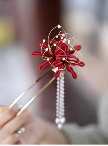Handmade Red Lycoris Radiata Flower U-shaped Hair Stick Hanfu Cheongsam Accessories Headdress Women 