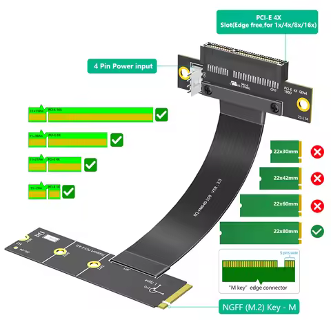 M.2 Key M 4.0 to PCI-e 4.0 4X 180° Adapter Card Riser Extension Cable For NVME 4.0 to PCIE PCI Expre