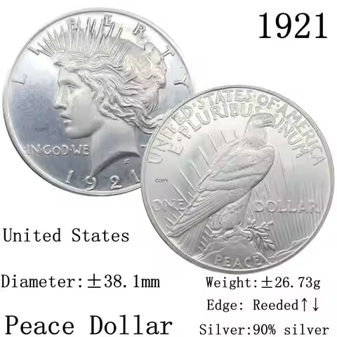 United States Of America 1921 USA Peace 1 One Dollar Liberty 90% Silver In God We Trust Copy Coin Co