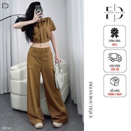 Set Bộ Nữ Áo Croptop Nâu Chỉ Vàng Delys DLBO67