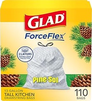 Glad ForceFlex Tall Kitchen Drawstring Trash Bags, 13 Gallon, Pine-Sol Original Scent, 110 Count