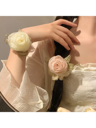 1入組甜美溫婉的仙女風格3D玫瑰花髮髻環，適合日常穿著、旅行裝扮、派對和晚禮服裝扮，可用於髮飾和手腕裝飾