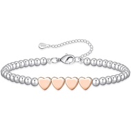 Sterling Silver Bead Bracelet with Rose Gold Heart Adjustable Silver Bracelet for Women Birthday Gif