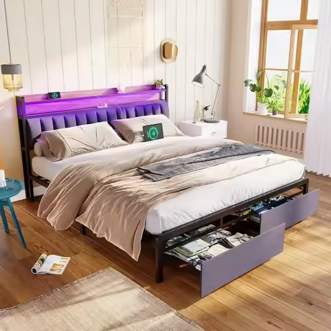v King Size LED Bed Frame with Storage Headboard and Drawers, w/USB Ports , Upholstered Platform Bed