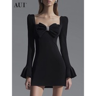 AUI Black Bowknot Dress - 2025 Autumn Hepburn Style