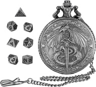GEAoffice DND Dice Set with Vintage Dragon Pocket Watch Case Solid Metal Tiny Dice for Tabletop Role