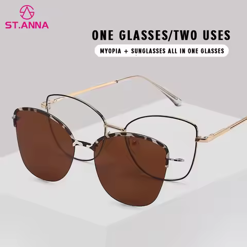 ST.ANNA New Fashion Cat Eye Polarized Sunglasses Magnetic Clip-On Myopia Optical Glasses Customizabl