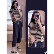 大碼 套裝 女 plus size 顯瘦 大碼女裝上衣新款韩版 Summer 2025 Stripe Polo Shirt & Pant Set for Women