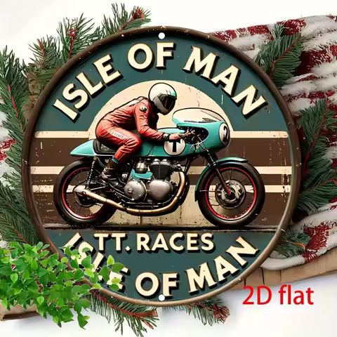 Vintage Isle of Man TT Races 2D Flat Metal Decor - 8x8" Round Aluminum Sign, Garage Cafe Race Theme 