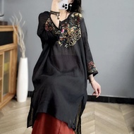 Ethnic Style Literary V-Neck Heavy Industry Embroidered Cotton Linen All-Match Mid-Length Top Anti-M