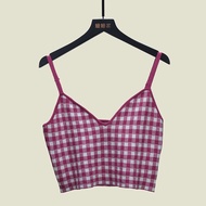 Dễ Thương Phong Cách Kẻ Caro Ngắn Cộc Tay Không Tay Áo Nữ Áo Tank Top  Áo Hai Dây Quần Áo Xếp Lớp Áo