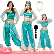Adult Kids Anime Aladdin Princess Jasmine Cosplay Costume Top Pants Set For Baby Girl Green Outfit Halloween Suit for Women