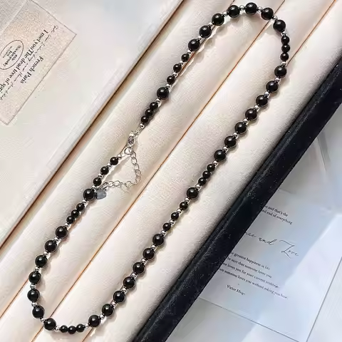 Vintage High-quality Natural Black Agate Design Sweater Chain Necklace Collarbone Chain for Women