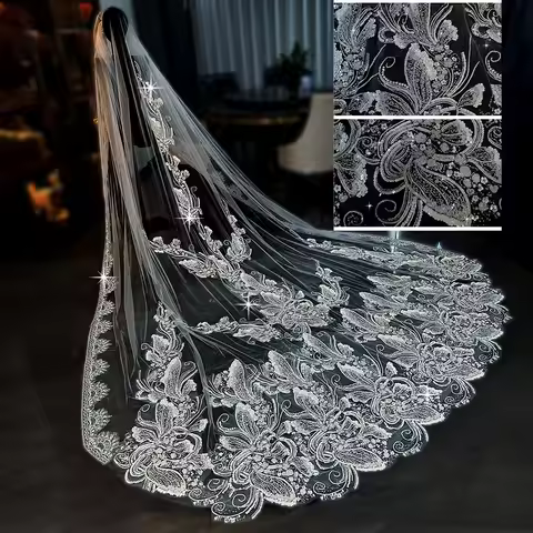 Mantilla Wedding Veil L&P DQL Studio Real Pictures Floral Beaded Applique Cathedral Bridal Veils 3*3