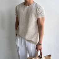 Short Sleeve Sweater Men Summer Thin American Light Mature Style Tension Wear Round Neck t-Shirt 2I5