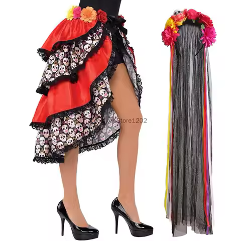 Halloween Mexico Skeleton Sugar Skull Flower Tutu Irregular Skirt Day of the Dead Ghost Costume Vest